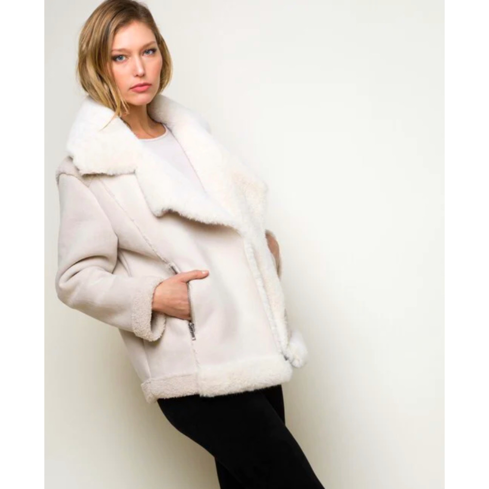 Lauren Ralph Lauren Cream Faux Fur Lined Suede Double Breasted Warm Coat